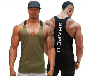 Front and back detail of a men's U-neck fitness tank top with a SHAPE U print logo