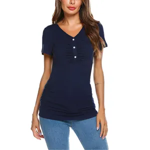 Detail view of a navy short-sleeved maternity nursing T-shirt with ruched side seams