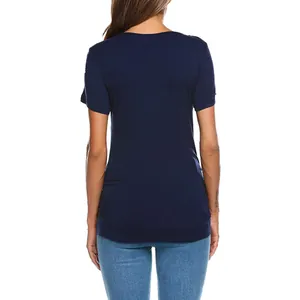 Back view of a navy blue short sleeve maternity nursing T-shirt with ruched sides