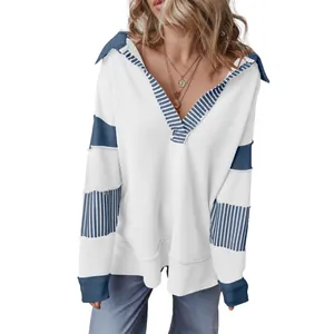 Women's casual white deep V-neck loose sweatshirt with blue striped colorblock patches