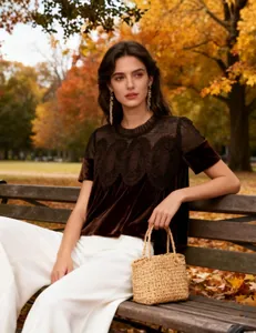 Detailed view of brown velvet top with intricate lace and mesh embroidery on a model