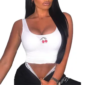 Detail of white ribbed crop top featuring a delicate red cherry embroidery on chest