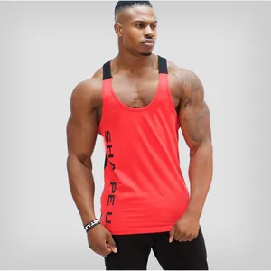 Red and black men's fitness tank top featuring U-neck design and breathable fabric