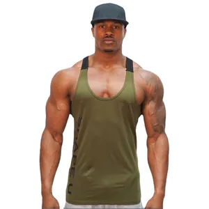 Men's olive green U-neck athletic tank top with black straps for fitness training
