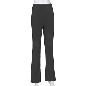Stylische dunkelgraue Schlaghose mit hoher Taille, Rippenmuster und hoher Elastizität