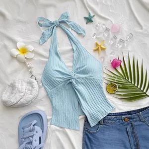 Detail view of a light blue textured halter neck backless crop top in a summer flat lay.