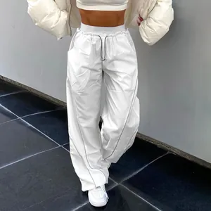 Women High Waist Drawstring Wide Leg Casual Pants Streetwear Polyester Solid Color Long Trousers With Pig Nose Buckle