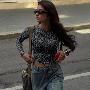 Model wearing sexy leopard print mesh top with long sleeves and round neck outdoors