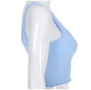 Side view of light blue ribbed knit crop top tank top for women's summer style.