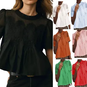 Haut Peplum Brodé en Maille pour Femmes T-Shirt Décontracté à Col Rond et Manches Courtes Ourlet à Volants Chemisier en Coton Polyester