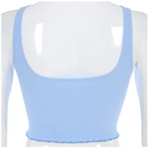 Detailed back view of a light blue rib-knit cropped tank top displayed on a white mannequin