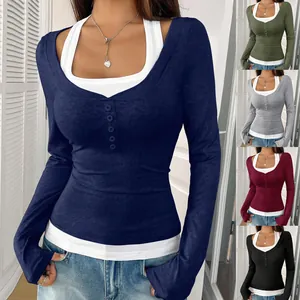 Women Halter Fake Two-Piece Long Sleeve Top Color Block Slim Fit Knitted Single-Breasted Stretch Base Layer Top Casual Wear