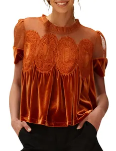 Elegant orange velvet blouse with mesh lace embroidery and short puff sleeves for women