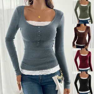 Women Long Sleeve Top Slim Fit Square Neck Ribbed Knit Shirt With Lace Splicing Single Breasted Casual Elegant Basic Tee