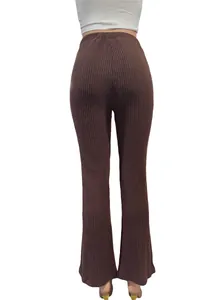 Detailed back view of women's brown ribbed knit flare pants featuring a slim fit design