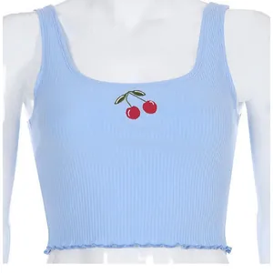 Women Slim Fit Cotton Ribbed Tank Top Sexy Cherry Embroidered Crop Top Sleeveless Basic Underwear Top For Casual Street Style