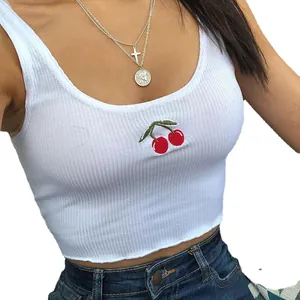 Sexy white ribbed sleeveless crop top with delicate cherry embroidery for casual women fashion.