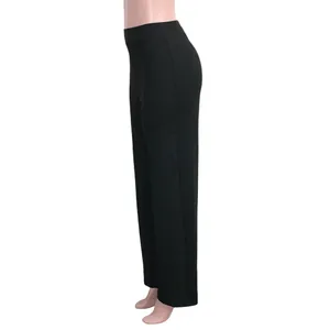 Side view of elegant black high-waisted flared trousers for women in a slim fit style