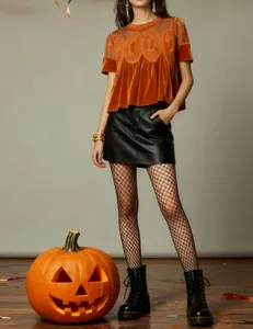 Fashionable pumpkin orange velvet loose top featuring elegant mesh embroidery lace details