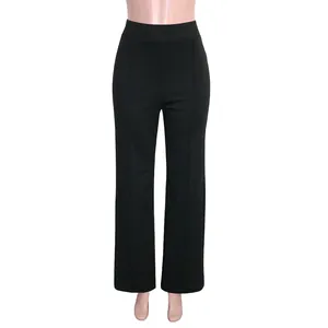 Detail showing the slim fit and flared leg design of black high waisted trousers