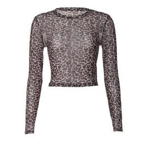 Detailed texture view of women's sexy leopard print mesh long sleeve slim fit top
