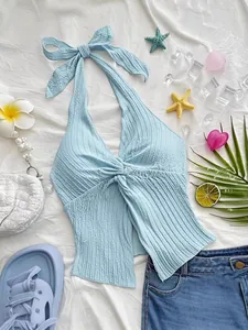 Sexy slim fit light blue halter neck backless crop top with twist knot front design