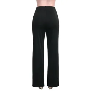 Back view detail of high-waisted black flared trousers for women in solid color
