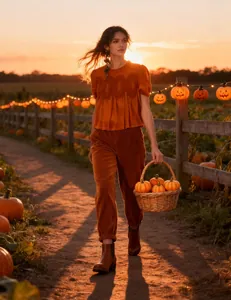 Detailed view of a mesh embroidered velvet top in an orange autumn pumpkin patch setting.