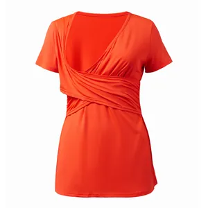 Top premaman e per allattamento a maniche corte arancione-rosso con scollo a V incrociato