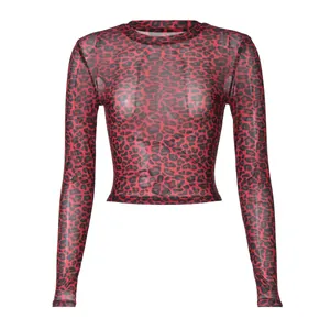 Detailed view of red leopard print mesh long sleeve sheer top with round neck