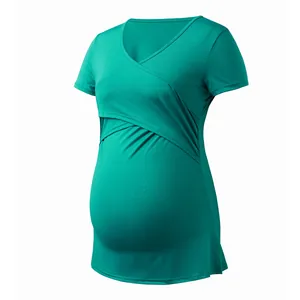 Top premaman e per allattamento verde petrolio con maniche corte e design a incrocio