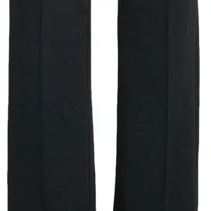 Detail view of flared leg hem and smooth fabric of high-waisted black trousers.