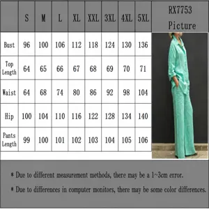 Detailed size chart for women's light blue button-down shirt and pants casual set