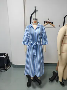 Blue and white vertical striped shirt midi dress with waist tie displayed on a mannequin.