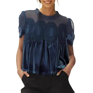 Elegant navy blue velvet blouse featuring mesh lace embroidery and a loose fit design.