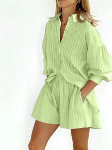 Detailed close-up view of the lime green striped jacquard shirt and shorts set fabric texture