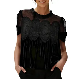 Elegant black velvet loose top featuring mesh panel and intricate lace embroidery