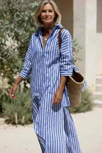 Elegant blue and white vertical striped maxi shirt dress with side slits