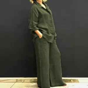Vista dettagliata del completo casual in lino verde oliva da donna con camicia e pantaloni