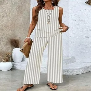 Women's sleeveless striped double-layer tank top and wide-leg pants set for summer.