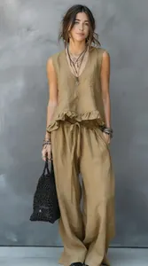 Boho chic women's two-piece summer set with sleeveless ruffle top and wide-leg pants