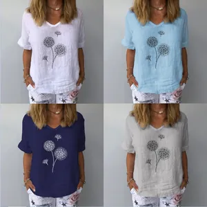 Top sciolto da donna in cotone e lino a maniche corte con stampa soffione in quattro colori