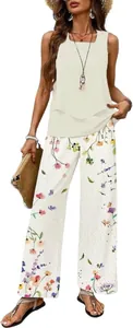 Casual women's two-piece set with cream sleeveless top and floral print wide-leg pants
