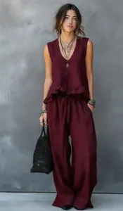 Elegant wine red sleeveless vest and wide-leg trousers set for women's summer fashion