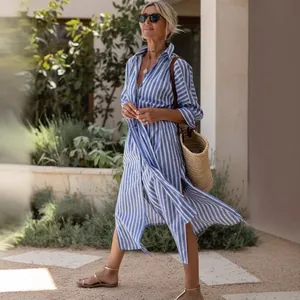 Women Striped Shirt Dress Lapel Long Sleeve Single Breasted Casual Maxi Dress With Side Split Vacation Beach Wear