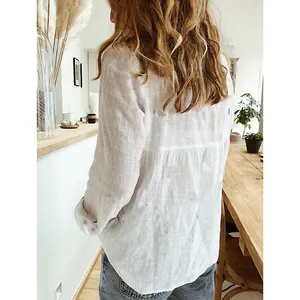 Back view of a white loose-fitting linen shirt showing natural texture and relaxed fit