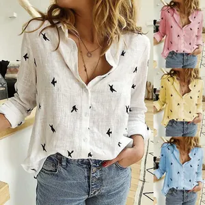 Chemise décontractée en lin pour femmes avec imprimé oiseaux, en quatre couleurs.