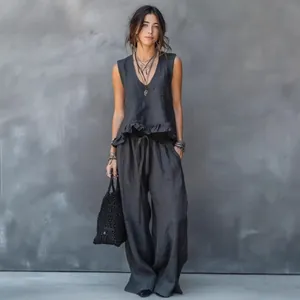 Women Polyester Ruffle Hem V-Neck Tank Top And Wide Leg Pants Top And Bottom Solid Color Casual Summer Bohemian Fashion Clothes
