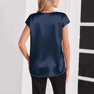 Elegant navy blue satin short sleeve blouse for women, stylish back view details