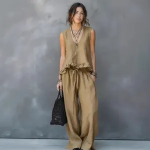 Chic khaki summer two-piece set featuring ruffled sleeveless vest and loose wide-leg pants